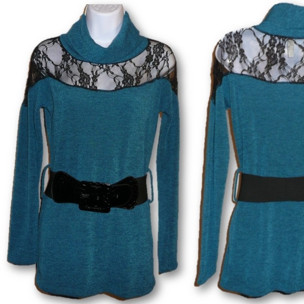Women Belted Mini Dress Blue Knit Lace, Size M